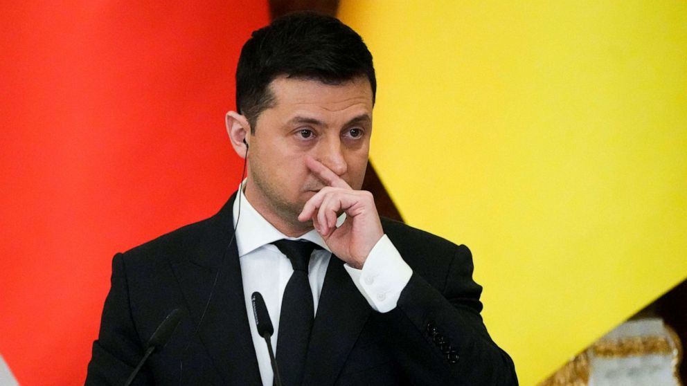 PHOTO: Ukrainian President Volodymyr Zelenskyy gestures while speaking during a joint news conference with French President Emmanuel Macron following their talks in Kyiv, Ukraine, Tuesday, Feb. 8, 2022.