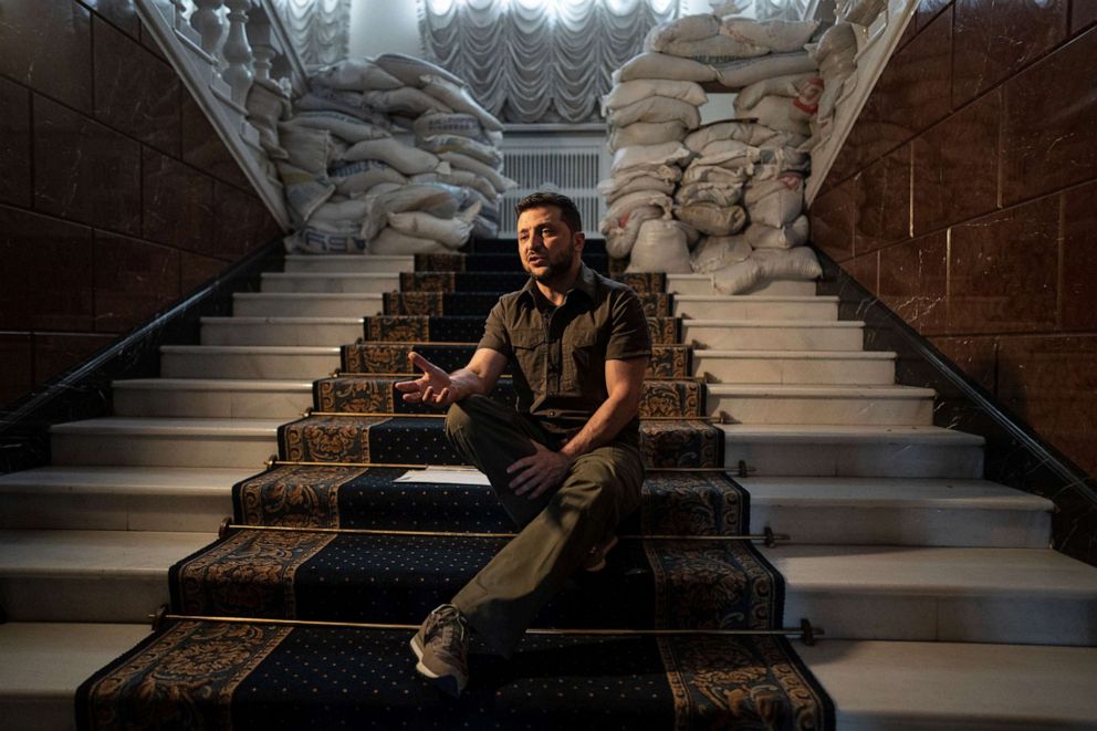 PHOTO: Ukrainian President Volodymyr Zelenskyy speaks during an interview with The Associated Press in his office in Kyiv, Ukraine, April 9, 2022. 