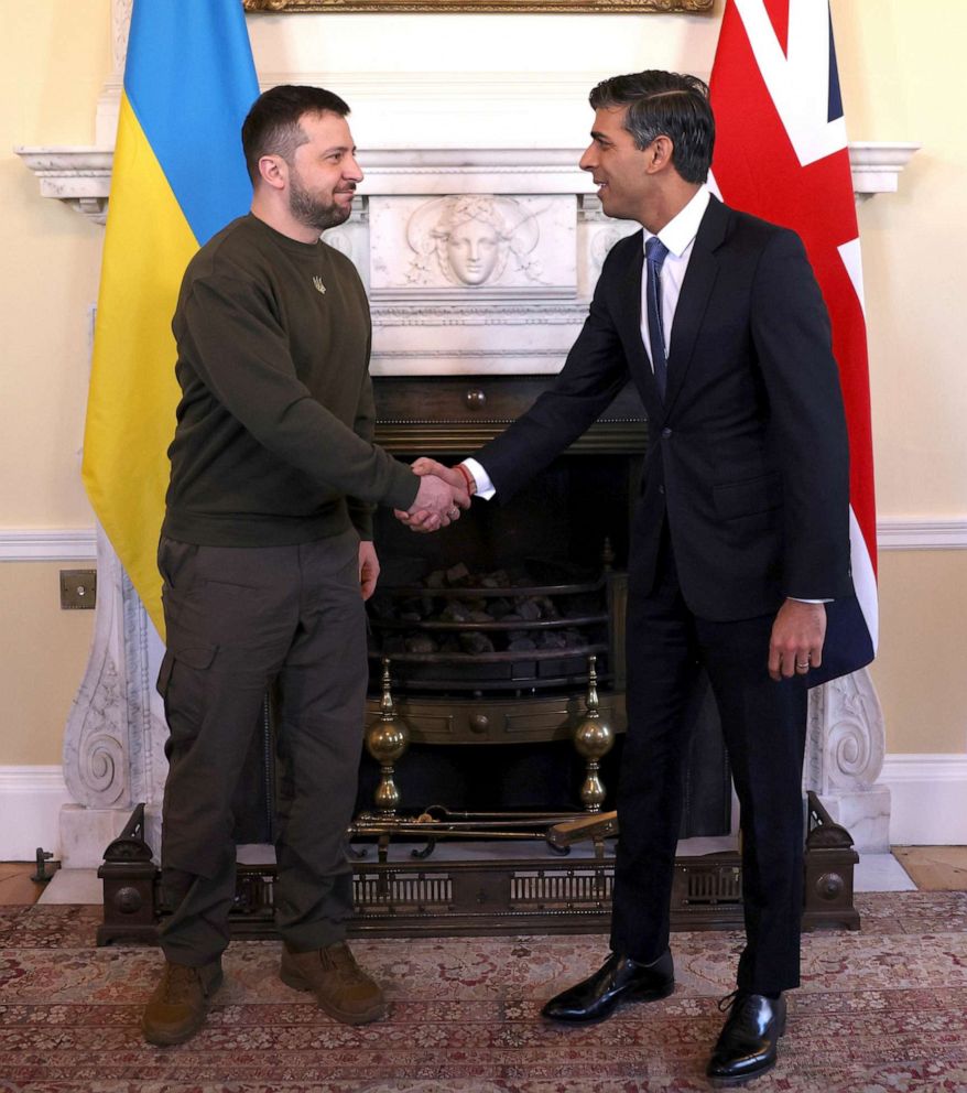 PHOTO: Ukraine's President Volodymyr Zelenskyy meets Britain's Prime Minister Rishi Sunak, right, inside Downing Street in London, Feb. 8, 2023.
