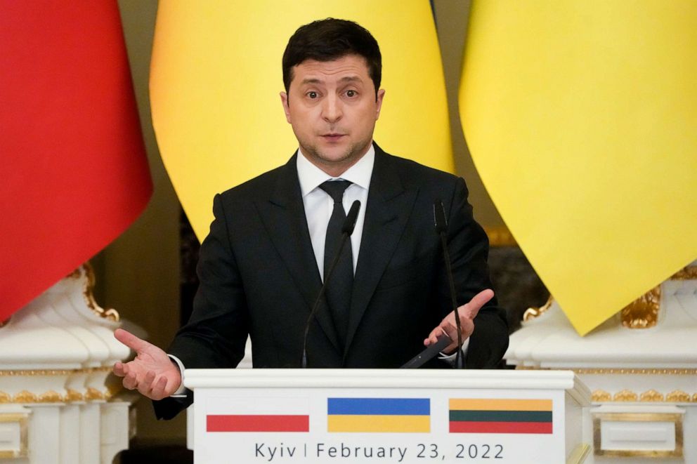 PHOTO: Ukrainian President Volodymyr Zelenskyy gestures while speaking during a joint news conference with Polish President Andrzej Duda and Lithuania's President Gitanas Nauseda following their talks in Kyiv, Ukraine, Feb. 23, 2022.