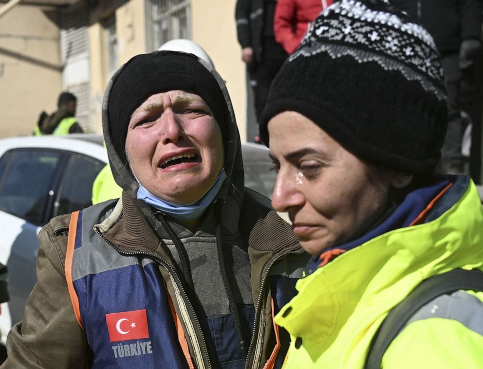 PHOTO: Search and rescue team members cry after rescuing 3.5-year-old Zeynep Ela Parlak from under the rubble of a collapsed building, Feb. 10, 2023, 103 hours after 7.7 and 7.6 magnitude earthquakes hit Turkey's Hatay province.
