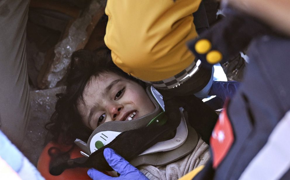 PHOTO: Zeynep Ela Parlak, 3.5 years old, is rescued from under rubble of a collapsed building 103 hours after 7.7 and 7.6 magnitude earthquakes hit Turky's Hatay province on Feb. 10, 2023.