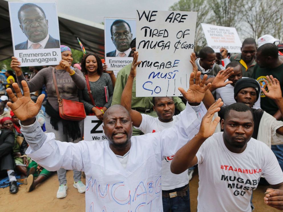 PHOTO: People gather at a rally against President Mugabe held by the war veterans as part mass action protests that have brought the city to a stand still, in Harare, Zimbabwe, Nov. 18, 2017.