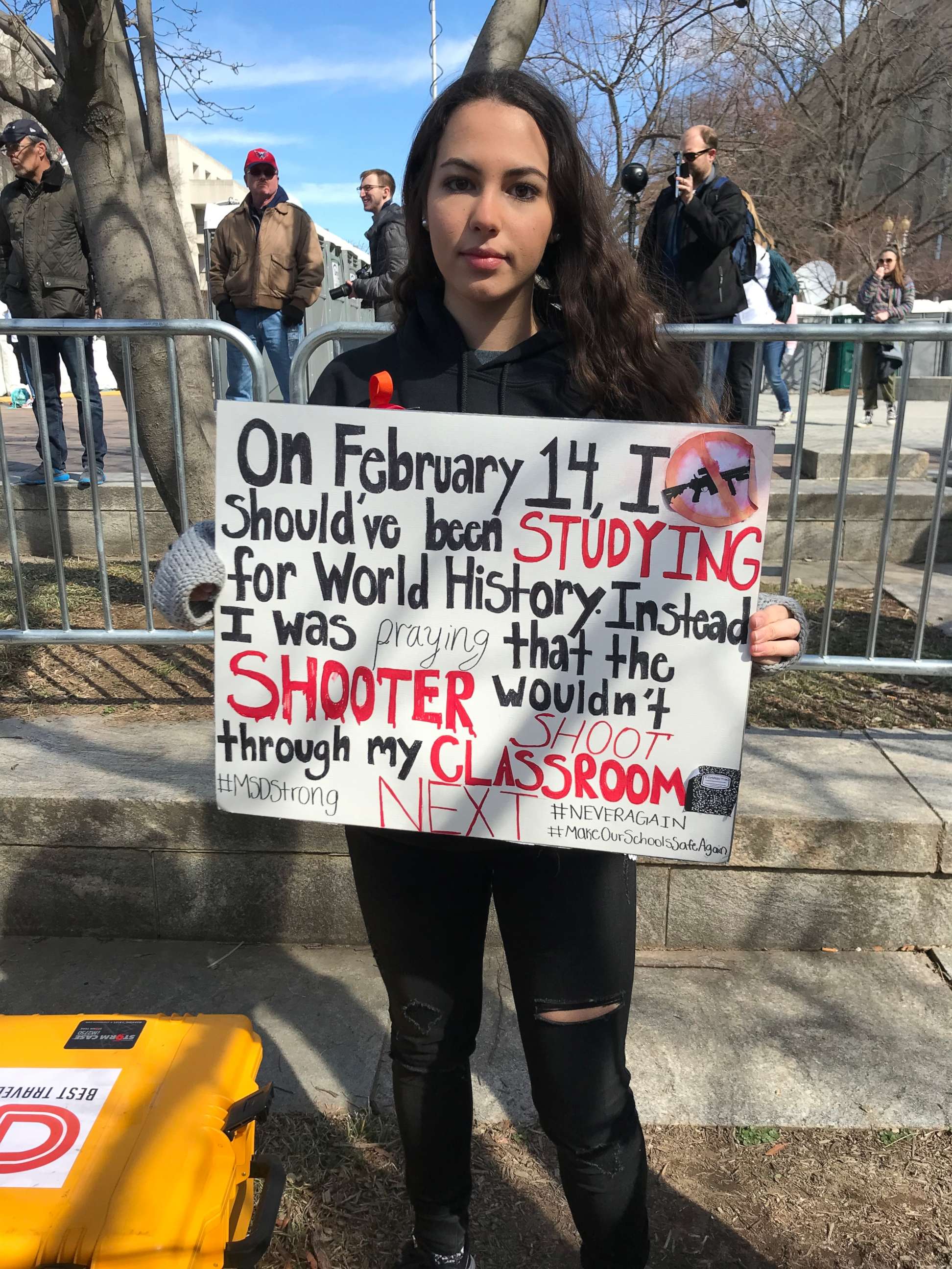 PHOTO: Parkland survivor Zoe Gordon, a sophomore at Marjory Stoneman Douglas High School, holds up a sign at the March of Our Lives event in Washington D.C., March 24, 2018.