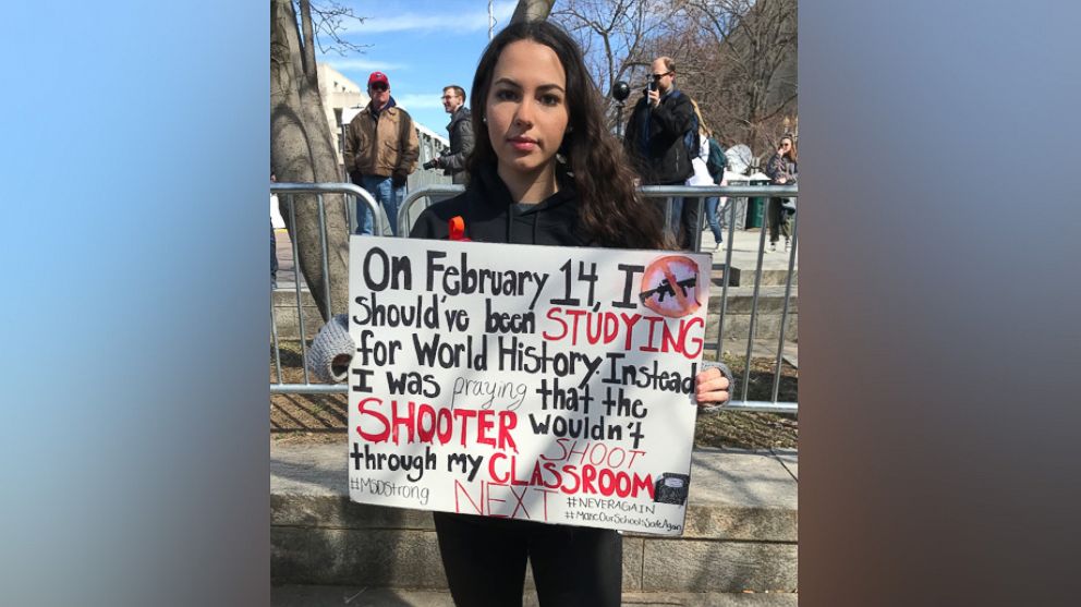 PHOTO: Parkland survivor Zoe Gordon, a sophomore at Marjory Stoneman Douglas High School, holds up a sign at the March of Our Lives event in Washington D.C., March 24, 2018.