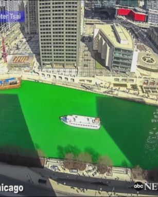 Timelapse video shows the Chicago River being turned green with 45 pounds of dye in honor of St. Patrick's Day.