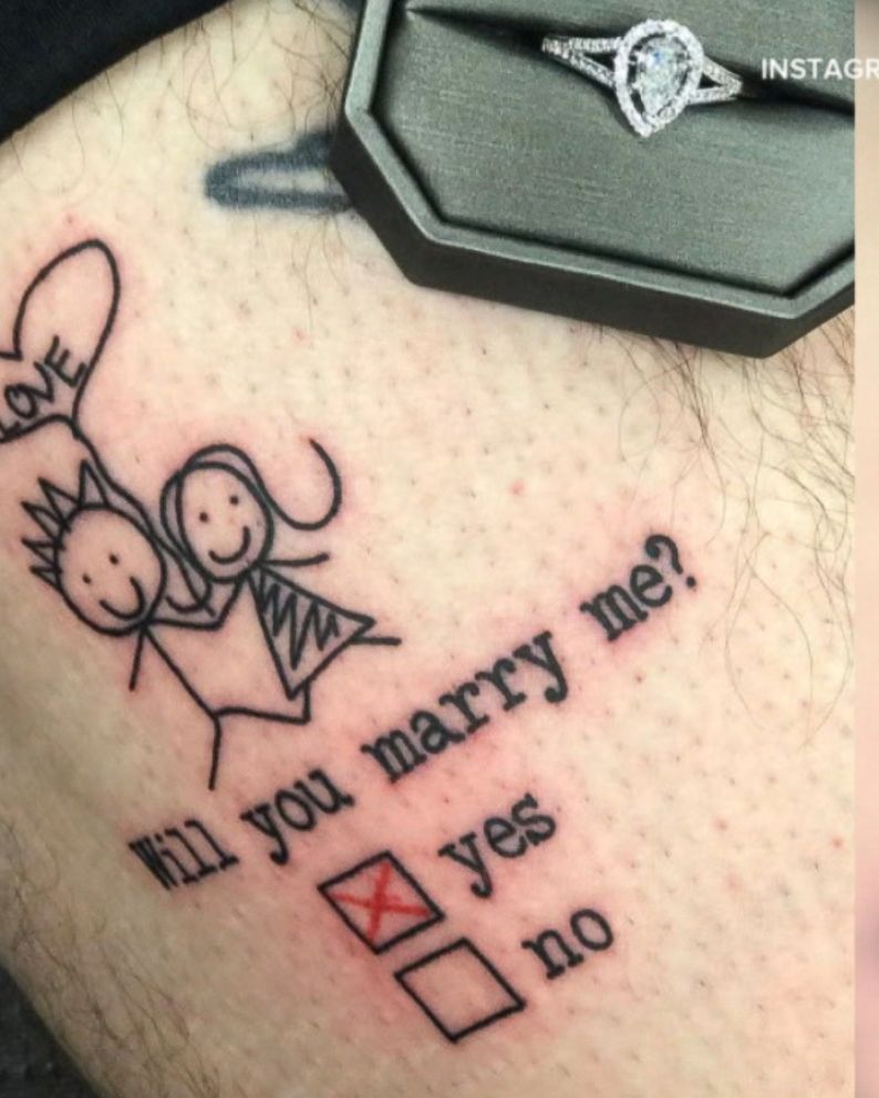 Man Surprises Girlfriend With Marriage Proposal Tattoo He Tricks Her Into Inking On Him Abc News