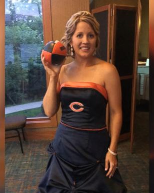 Brittney Harmon surprised her die-hard Bears fan father, Steve Benda, by wearing a team-themed dress at her wedding on July 22. 