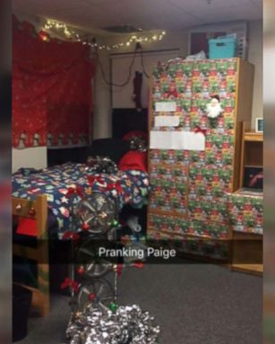 Paige Benoit's college roommate Daniella Pitruzzello pranked her by decking out her dorm room with over-the-top Christmas decorations before Thanksgiving.