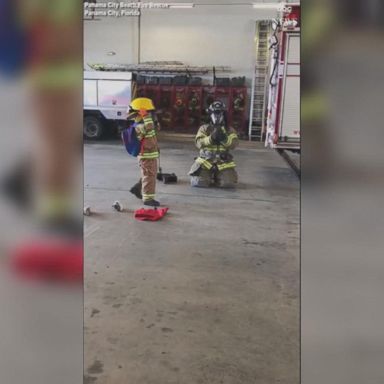 Noah challenged a firefighter to see who can put on fire rescue gear faster, and Noah won.