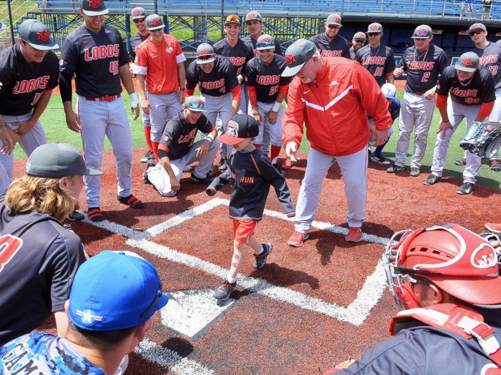 PHOTO: Lio Ortega, a 4-year-old cancer patient, runs the bases during a recent college baseball game in El Paso County, Colo.