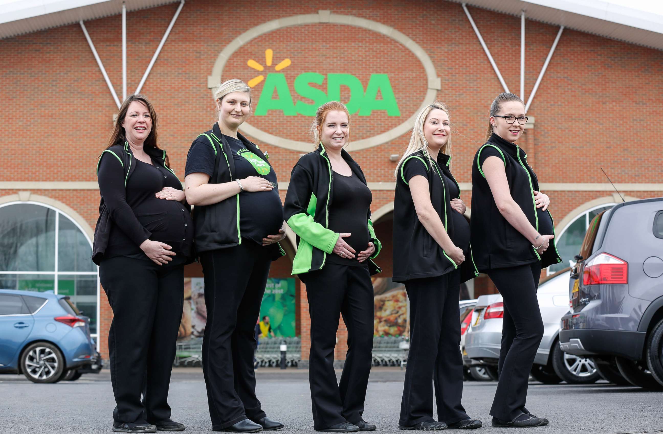PHOTO: Asda store checkout workers Rachel Hurley, 30, Kelsey McGill, 26, community champion Sarah Cranswick, 26, health and beauty colleague Katie Mell, 40, and pharmacy colleague Kirstie Appleyard, 26, are all expecting.
