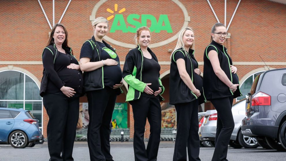PHOTO: Asda store checkout workers Rachel Hurley, 30, Kelsey McGill, 26, community champion Sarah Cranswick, 26, health and beauty colleague Katie Mell, 40, and pharmacy colleague Kirstie Appleyard, 26, are all expecting.
