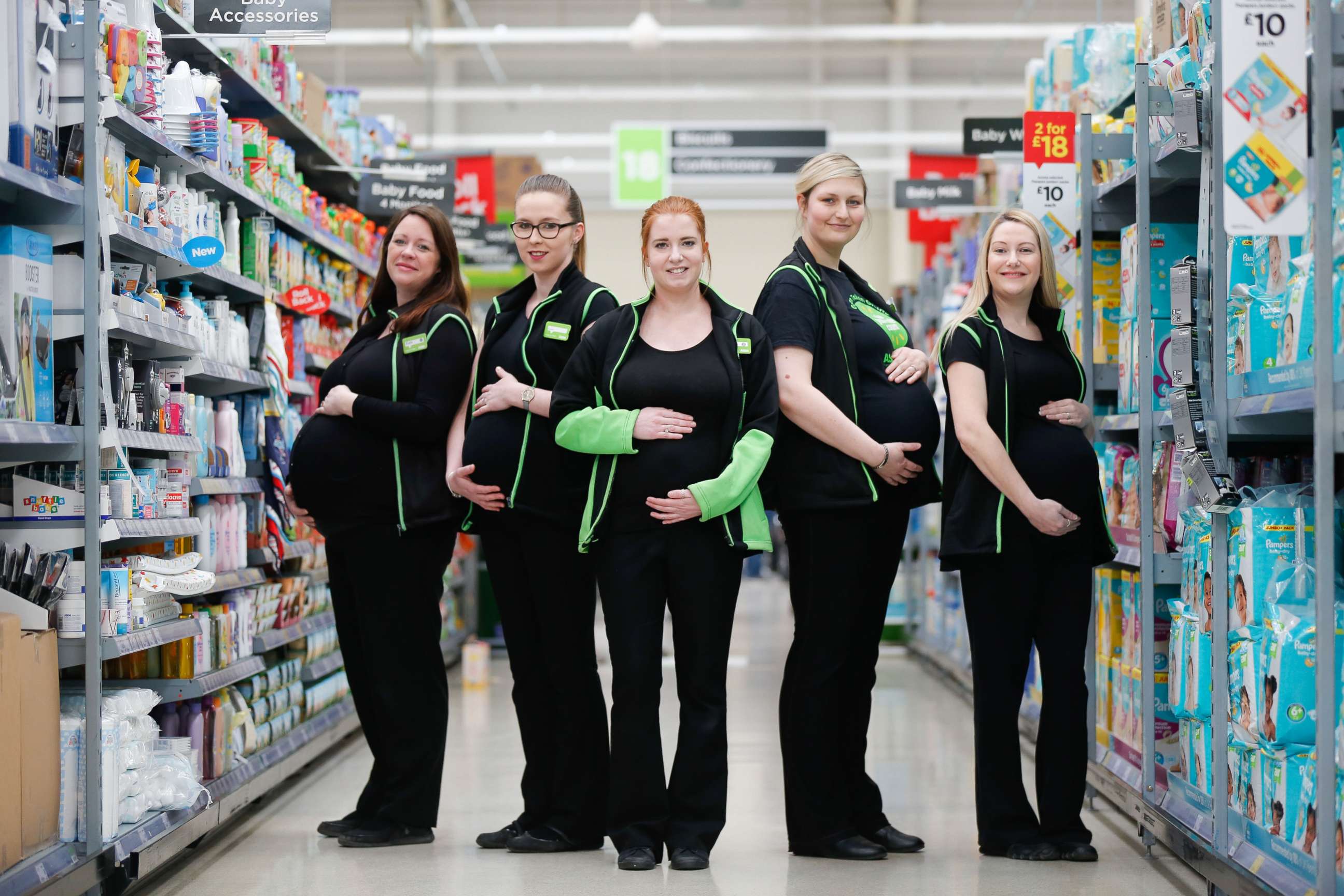 PHOTO: Rachel Hurley, 30, Kelsey McGill, 26, Sarah Cranswick, 26, Katie Mell, 40, and Kirstie Appleyard, 26, all work at the Asda Mount Pleasant supermarket in the U.K. and are expecting babies within months of one another. 