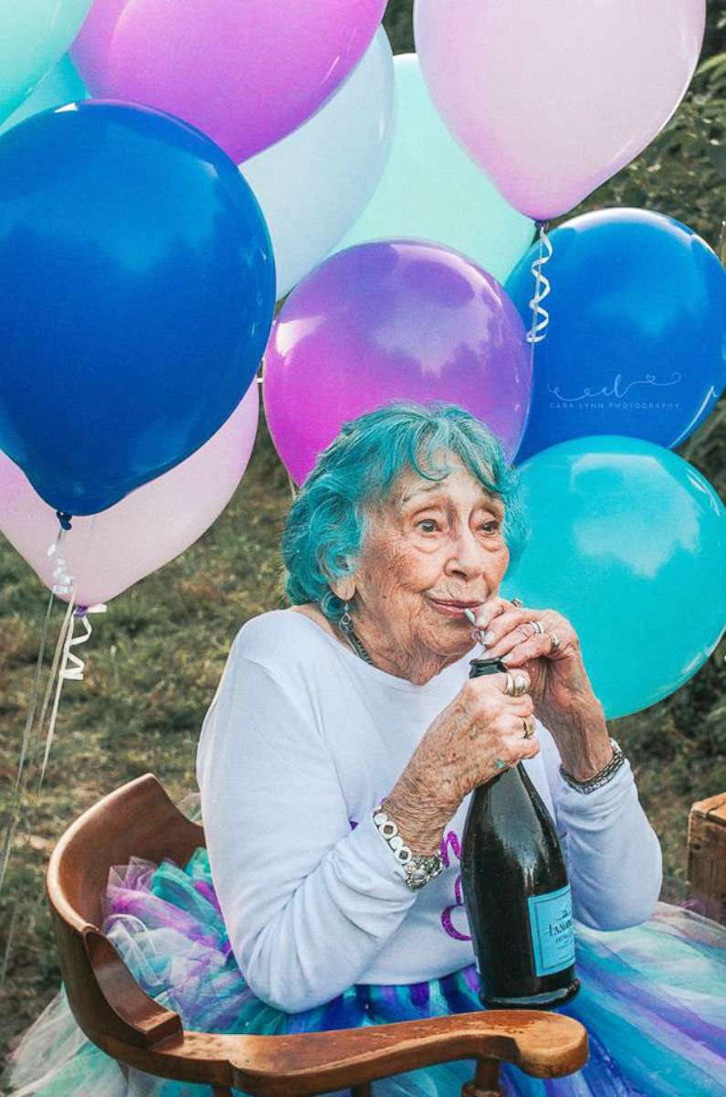 PHOTO: Gladys Weikle celebrated her 98th birthday with a confetti, cake and champagne-filled photo shoot arranged by her granddaughter. 