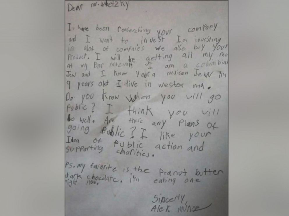 PHOTO: Alex Munoz, 9, was invited to meet the CEO and CFO of Kind Snacks at the companys New York City office after writing a letter to the company.