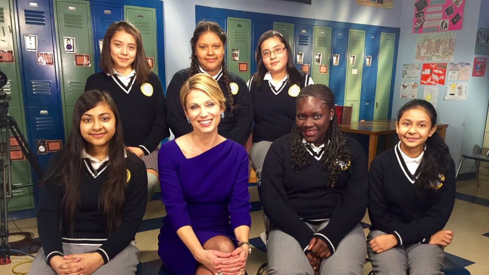 Amy Robach with seventh-grade students from the Young Women's Leadership School in Harlem, N.Y.