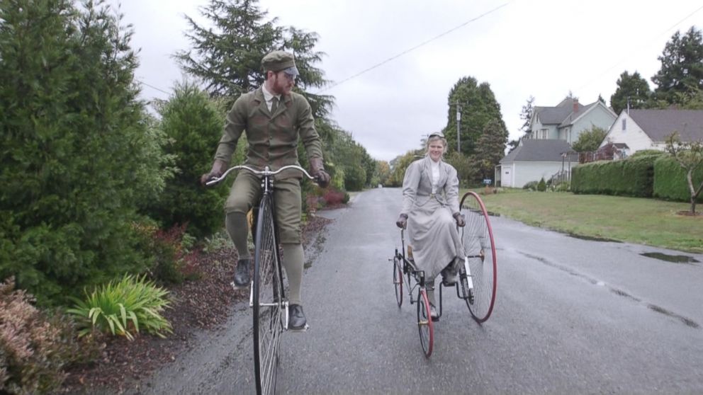 Sarah and Gabriel Chrisman sometimes turn heads while riding their 19th century bicycles where they live in Port Townsend, Washington.