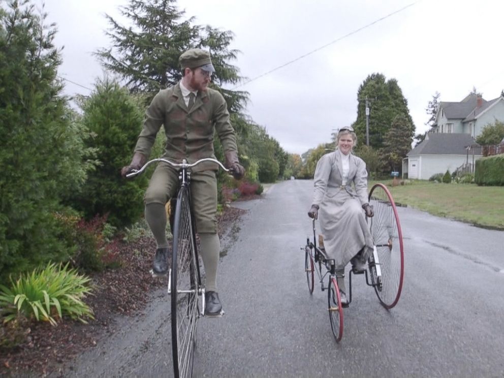 Sarah and Gabriel Chrisman sometimes turn heads while riding their 19th century bicycles where they live in Port Townsend, Washington.