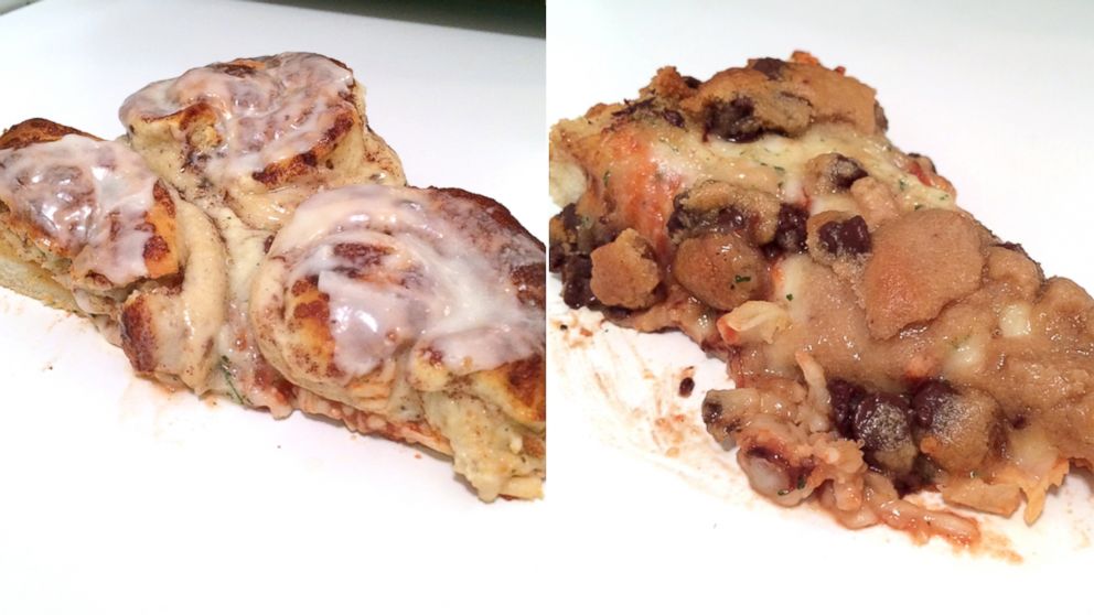 PHOTO: Chocolate chip cookies and cinnamon buns on a pizza.
