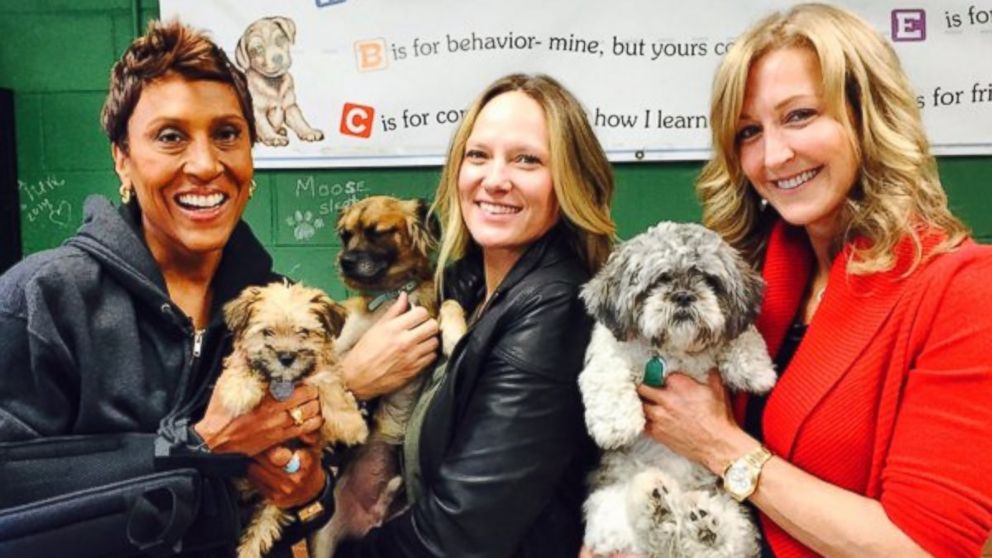 Robin Roberts, Amber and Lara Spencer pose with dogs at New York's North Shore Animal League America.