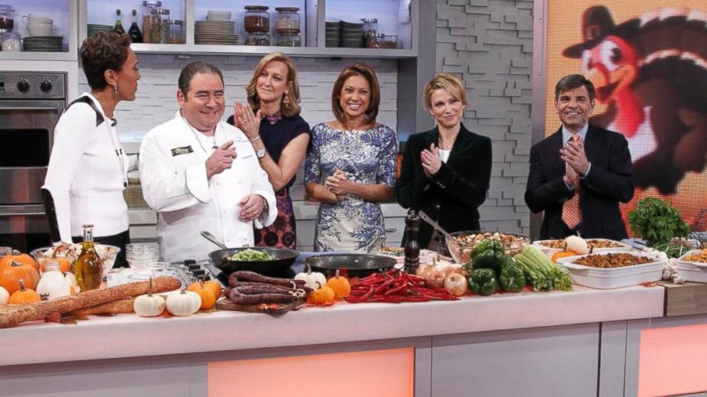 Emeril Lagasse on the set of "Good Morning America" with Robin Roberts, Lara Spencer, Ginger Zee, Amy Robach and George Stephanopoulos on Nov. 14, 2014.