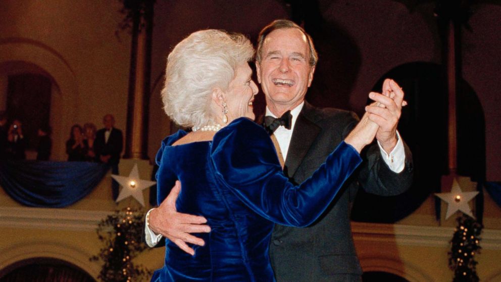 PHOTO: President George H.W. Bush and wife, Barbara dance at the inaugural ball at the Pension Building in Washington, Jan. 20, 1989.