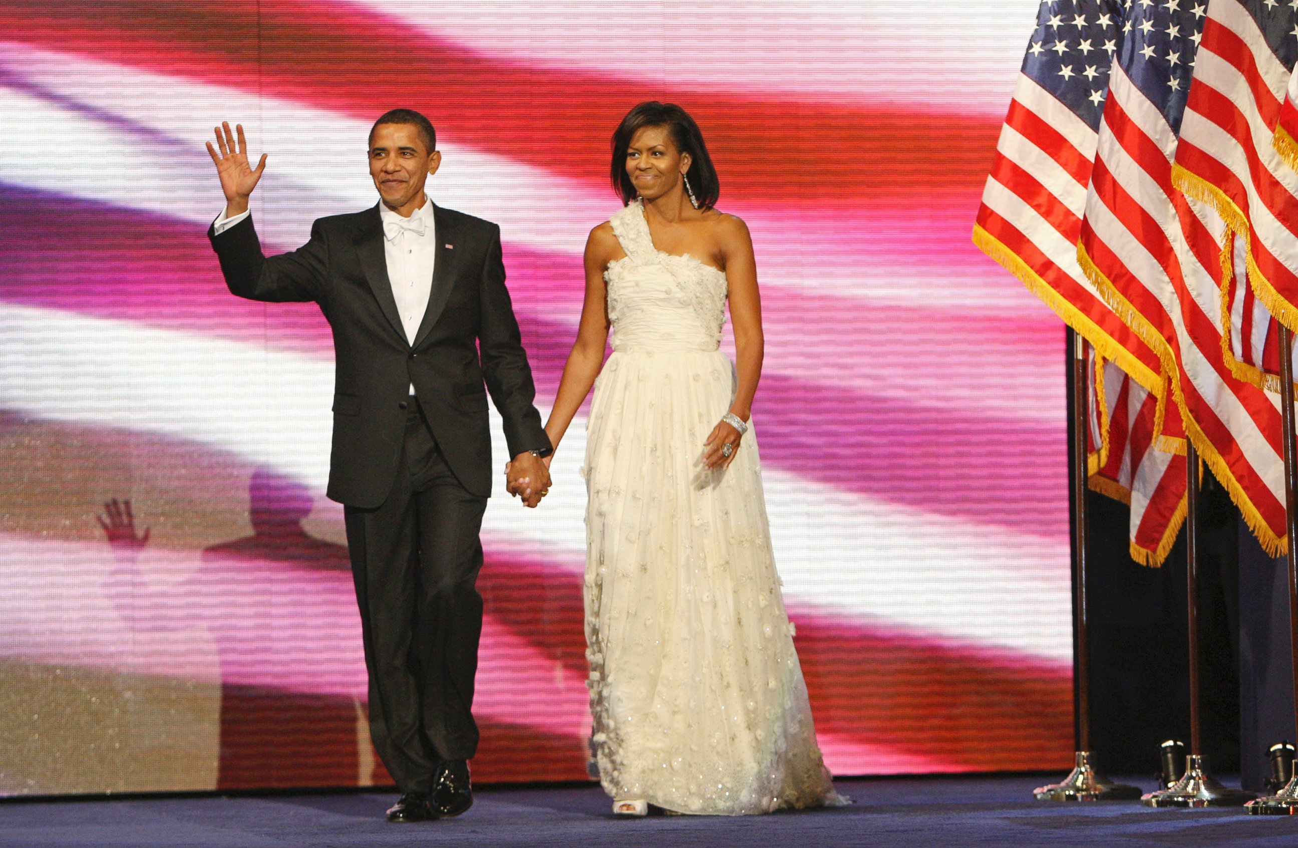 PHOTO: President Barack Obama, left, and first lady Michelle Obama, right, are introduced at the Neighborhood Inaugural Ball in Washington, Jan. 20, 2009. 