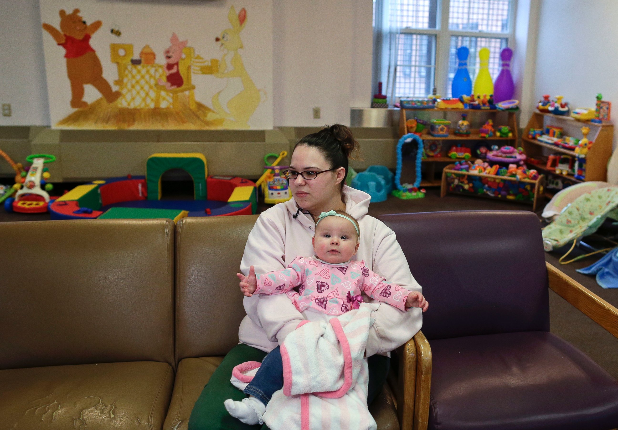PHOTO: Jennifer Dumas answers questions during an interview while holding her daughter, Codylynn, in a playroom at Bedford Hills Correctional Facility, in Bedford Hills, N.Y., April 12, 2016.