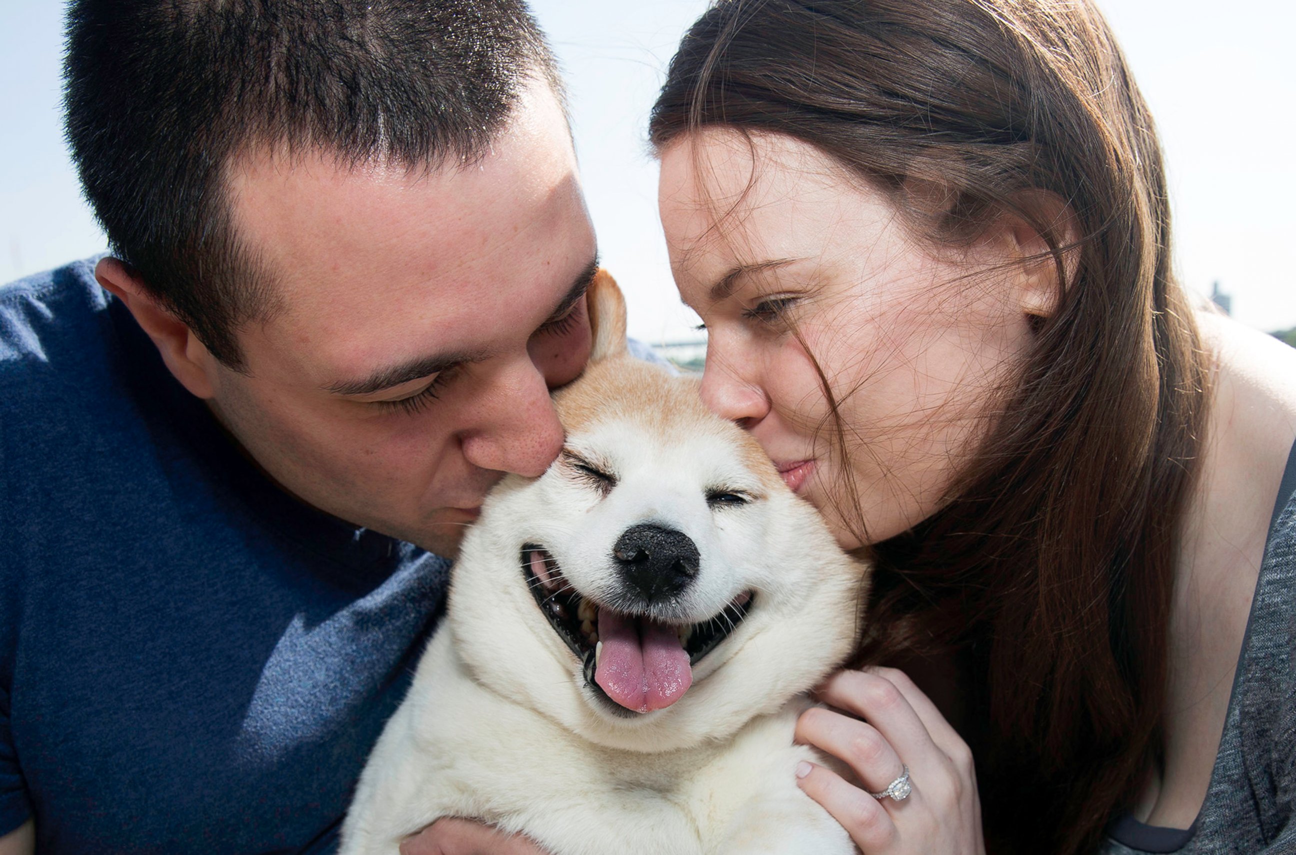 PHOTO: Cinnamon the happy dog smiles with her owners Andrew and Ashley, May 30, 2015.