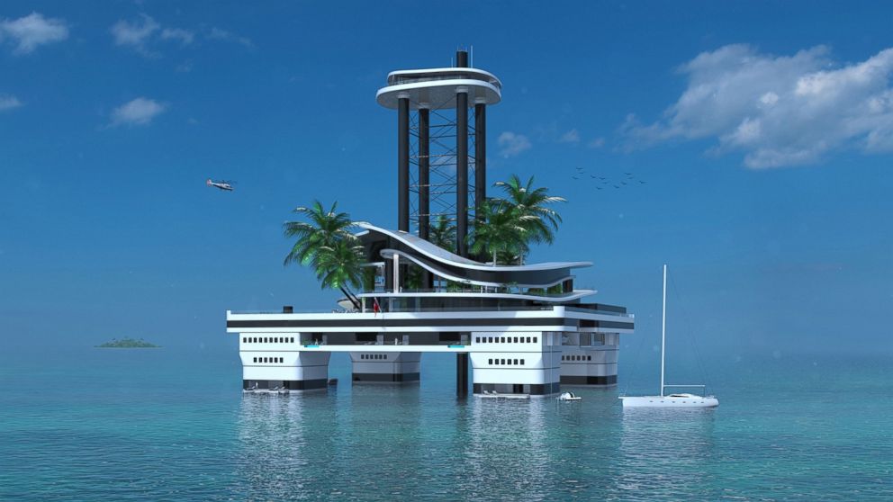 This rendering shows Migaloo Privare Submersible Yachts portable private island, Kokomo Ailand. 