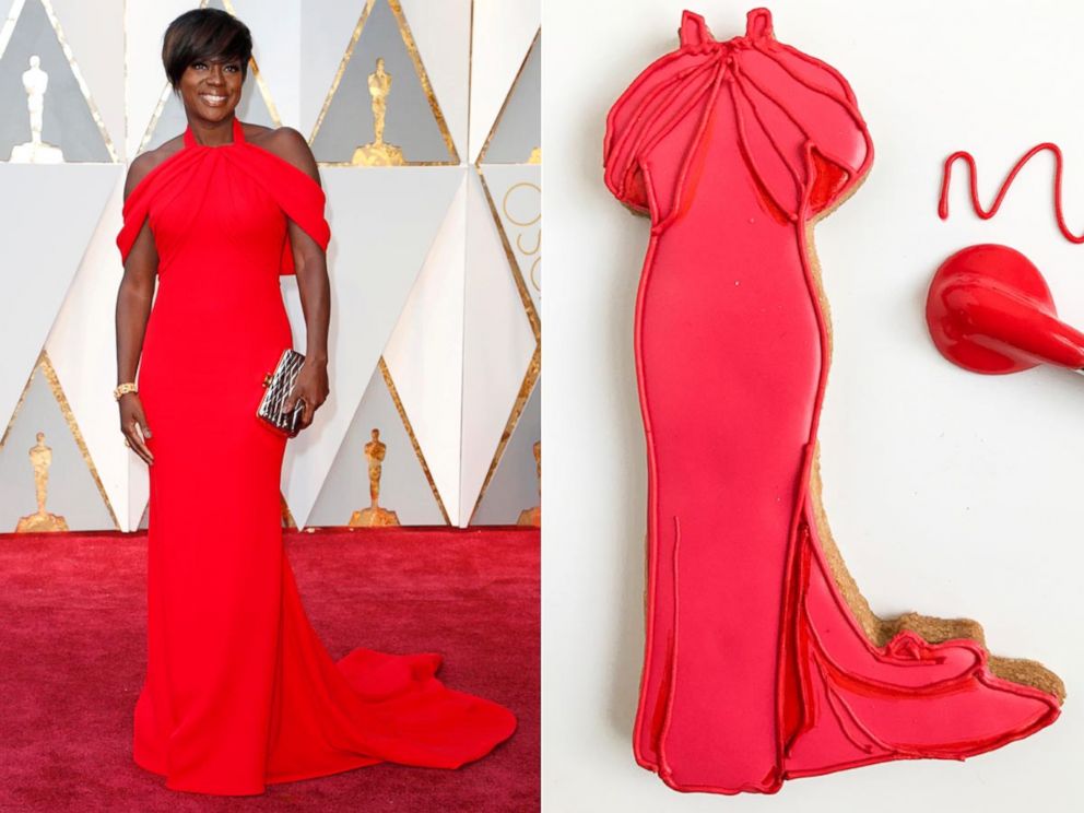PHOTO: Viola Davis arrives at the 89th annual Academy Awards ceremony at the Dolby Theatre in Hollywood, Calif., Feb. 26, 2017 | Cookie artist Patti Paige turned Emma Stone's, Viola Davis' and Janelle Monae's Oscar looks into immaculate cookies.