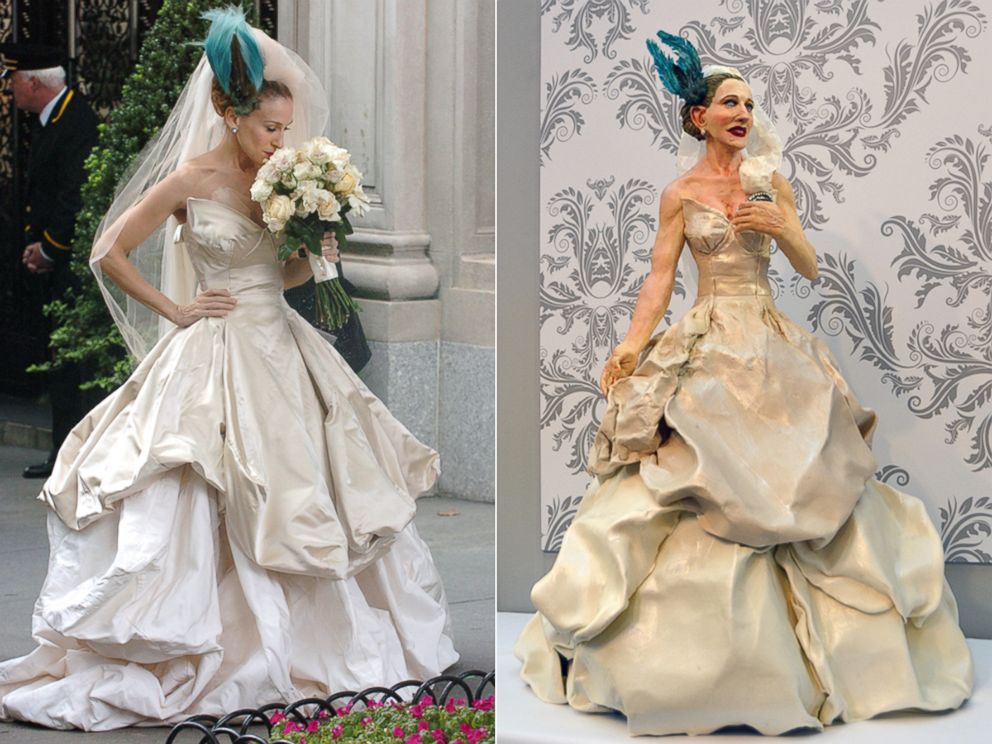 PHOTO: Sarah Jessica Parker in a wedding dress from the film "Sex And The City," Oct. 2, 2007, in New York City | A wedding cake in the shape of Carrie's wedding dress from the movie "Sex in the City," from cake creator Daniel Dieguez.