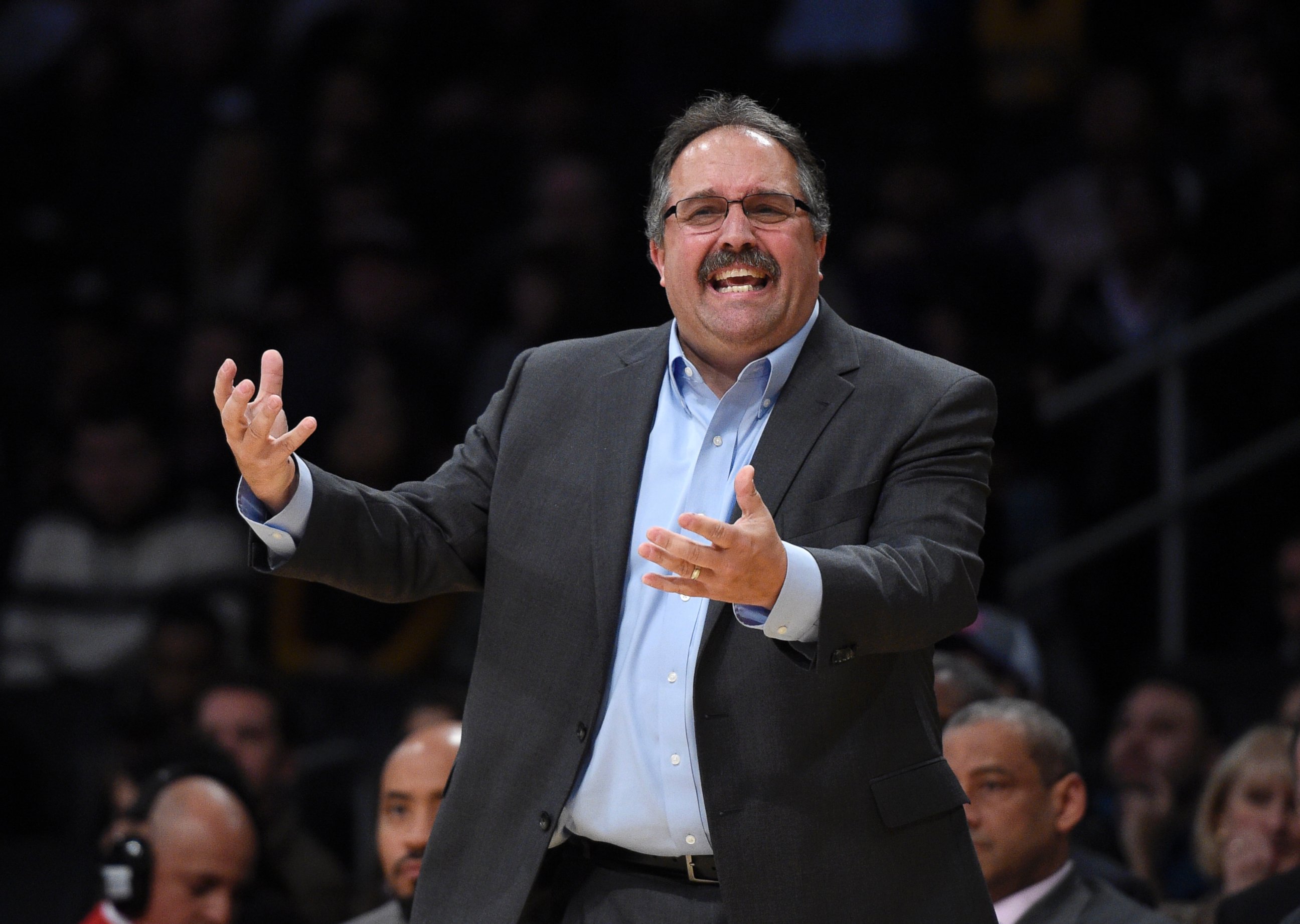 PHOTO: Head coach Stan Van Gundy of the Detroit Pistons reacts towards his players during the second half of the basketball game against Los Angeles Lakers at Staples Center, Jan. 15 2017, in Los Angeles.