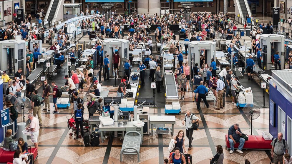 TSA security check at Denver International Airport is pictured on July 19, 2016.