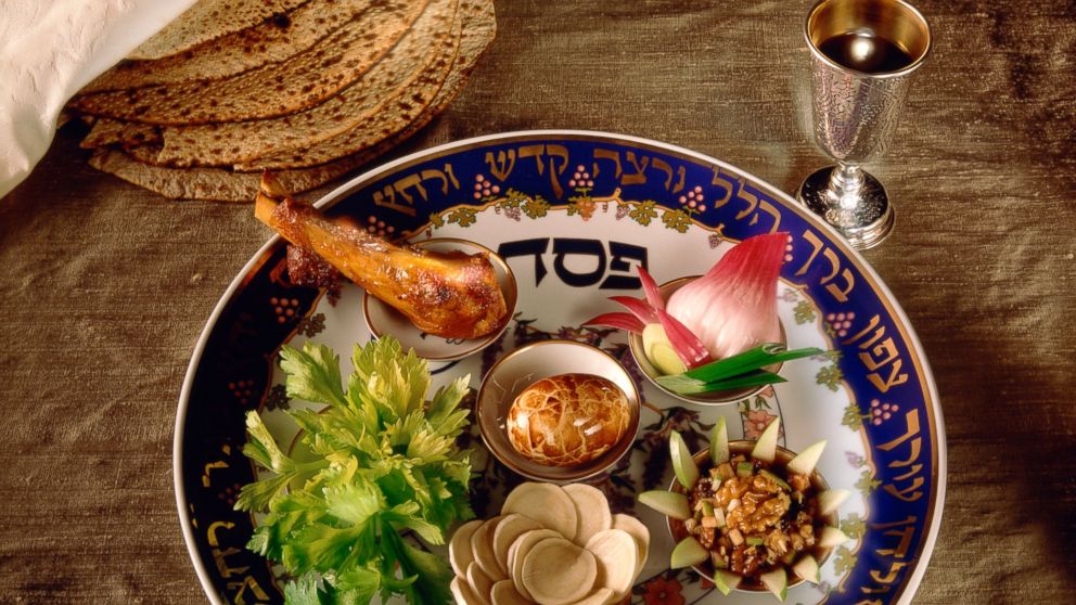 Tradition Passover Seder plate with matzo.