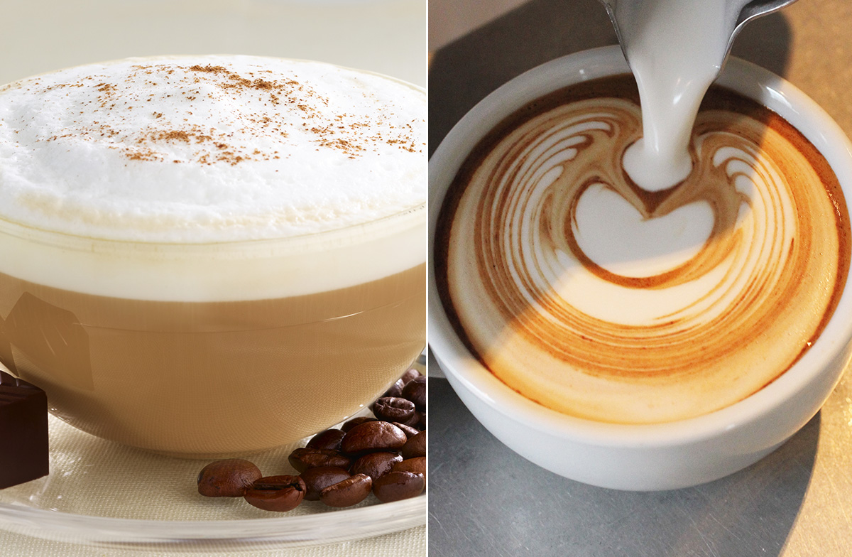 PHOTO: A cappuccino, left, is pictured along with a flat white, right, being poured. 