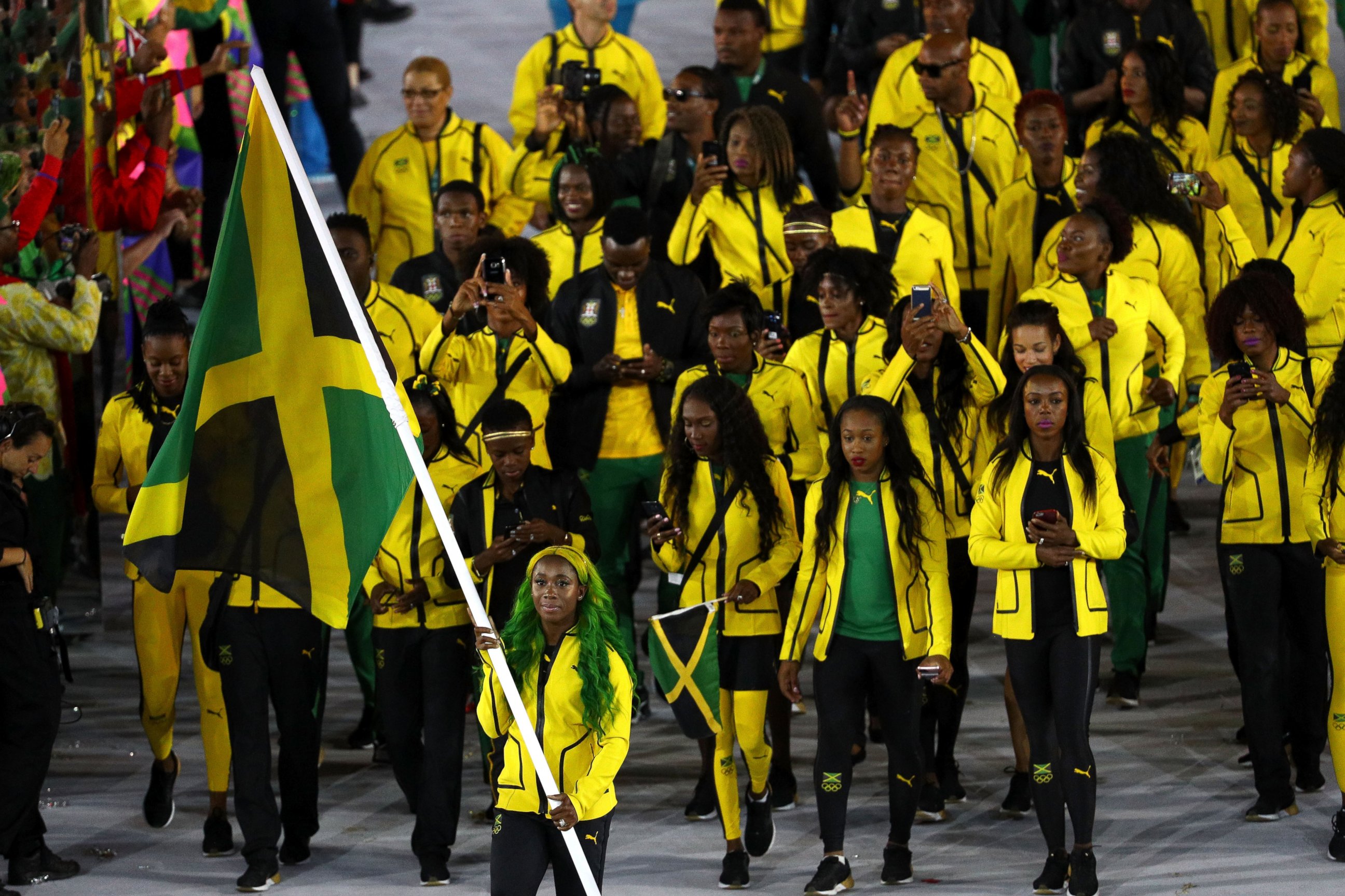 PHOTO: Flag bearer Shelly-Ann Fraser-Pryce of Jamaica leads her Olympic Team during the opening ceremony of the Rio 2016 Olympic Games at Maracana Stadium, Aug. 5, 2016 in Rio de Janeiro, Brazil.  