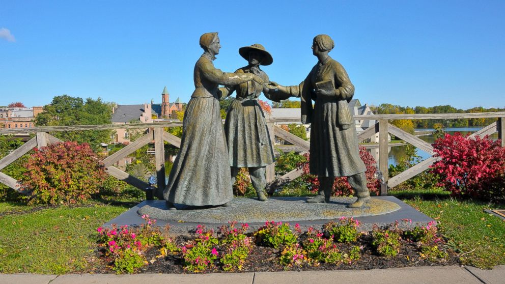This undated stock photo shows a statue of Susan B. Anthony, Amelia Bloomer and Elizabeth Cady Stanton is pictured in Seneca Falls, N.Y. 