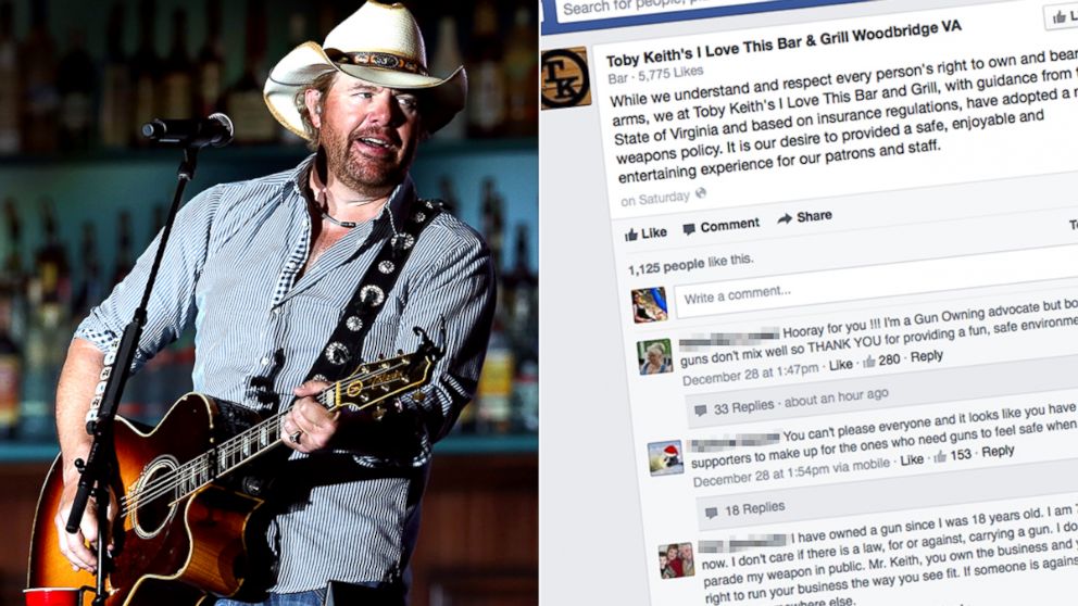 Toby Keith's I Love This Bar & Grill in Woodbridge, Va., outside Washington, D.C., and has instituted a no-guns policy.