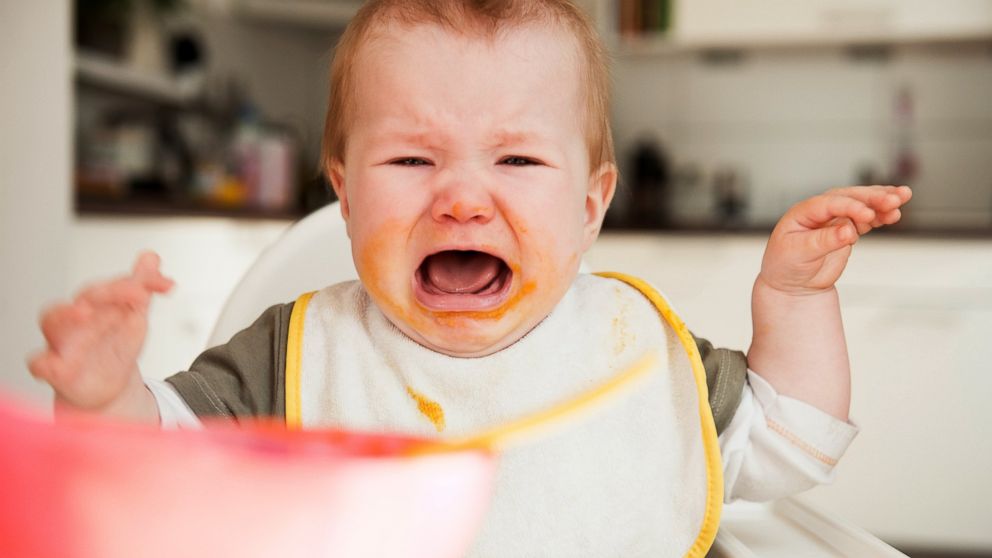 A toddler throws a tantrum at the dinner table.