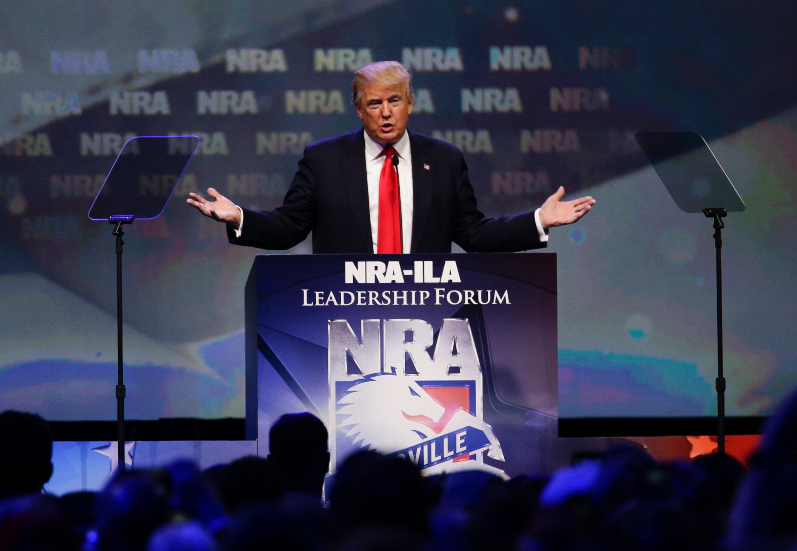 PHOTO: Donald Trump speaks at the NRA Leadership Forum, May 20, 2016, in Louisville, Ky.