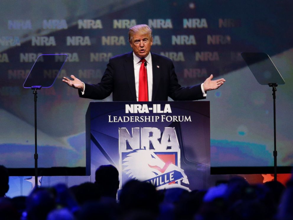 PHOTO: Donald Trump speaks at the NRA Leadership Forum, May 20, 2016, in Louisville, Ky.
