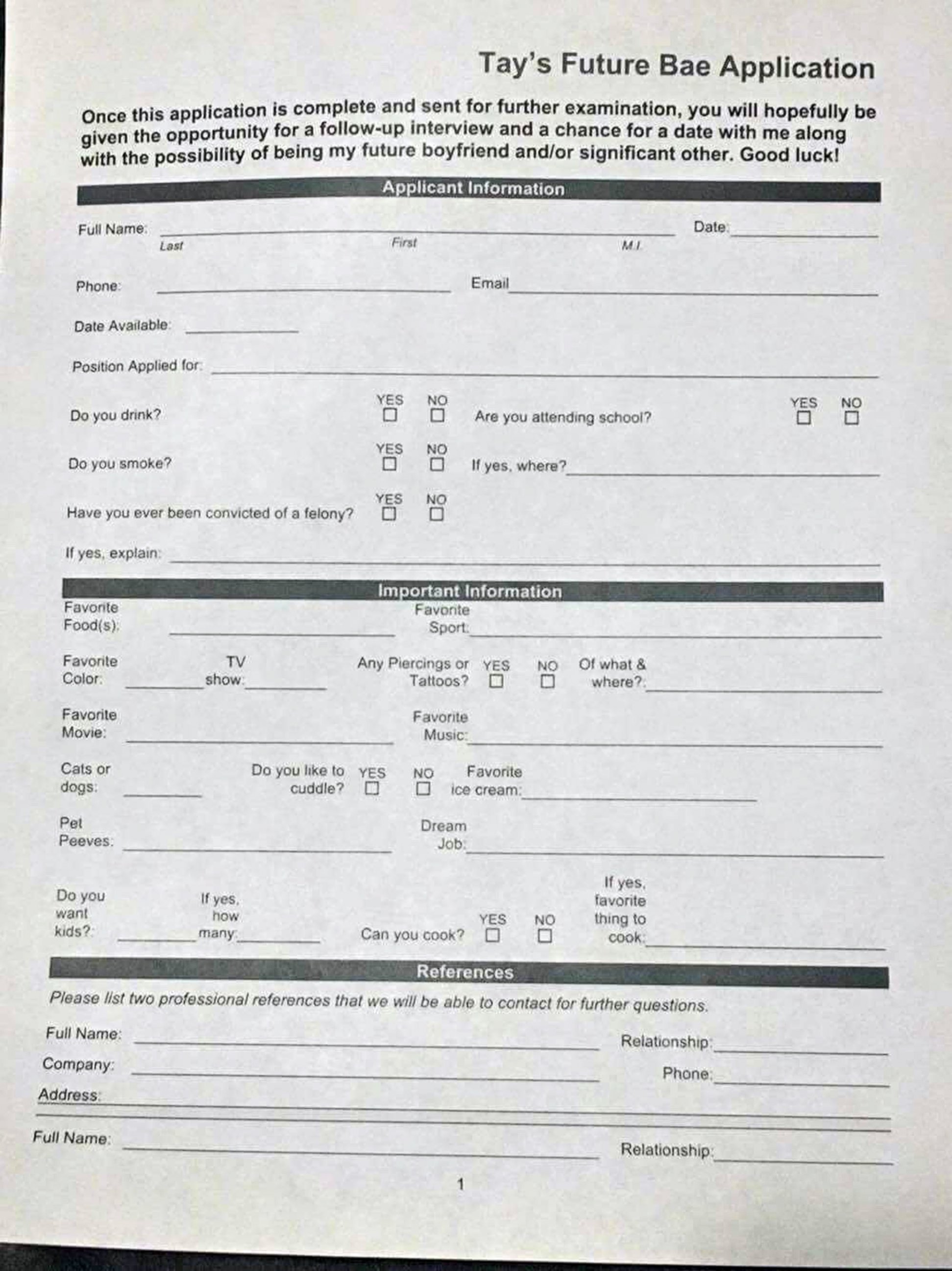 PHOTO: Taylor Sele created an in-depth "dating application" for a potential boyfriend. 