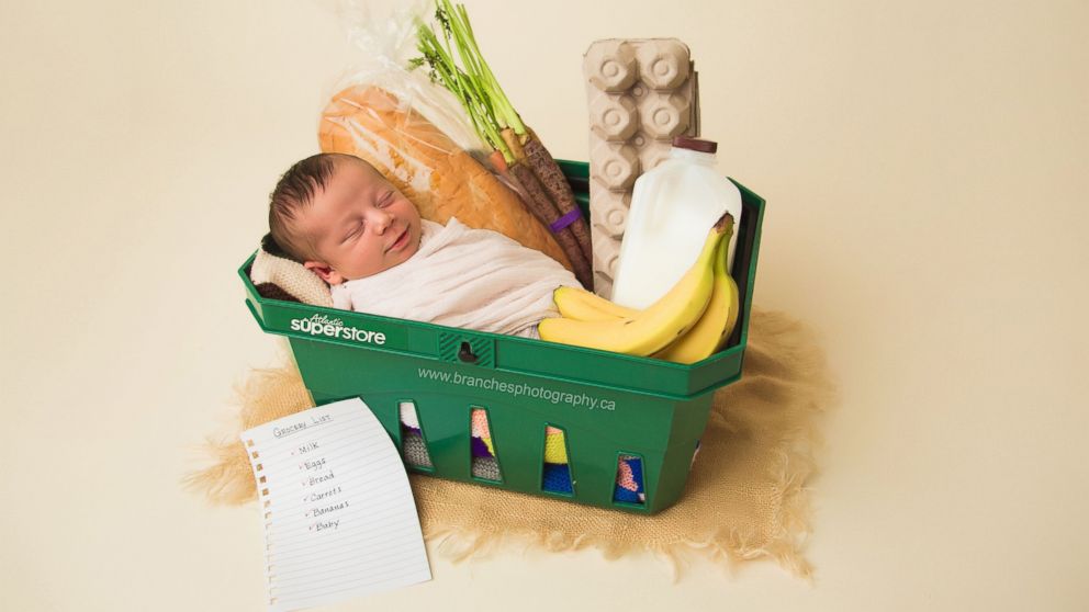 Groceries were the theme for the newborn photo shoot of Ezra Cross, who was bron in the washroom of a grocery store in Canada. 