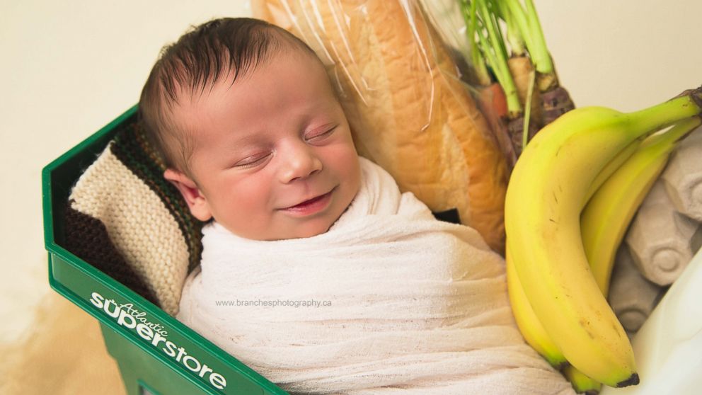 PHOTO: Groceries were the theme for the newborn photo shoot of Ezra Cross, who was bron in the washroom of a grocery store in Canada. 