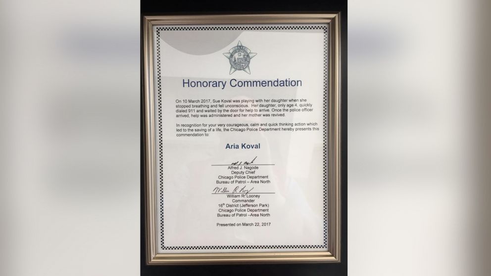PHOTO: The citation that was presented to Aria Koval after the four-year-old called Emergency Services on March 10, 2017 when her mother, Sue Koval, suffered a severe asthma attack at their home in Chicago, Illinois. 