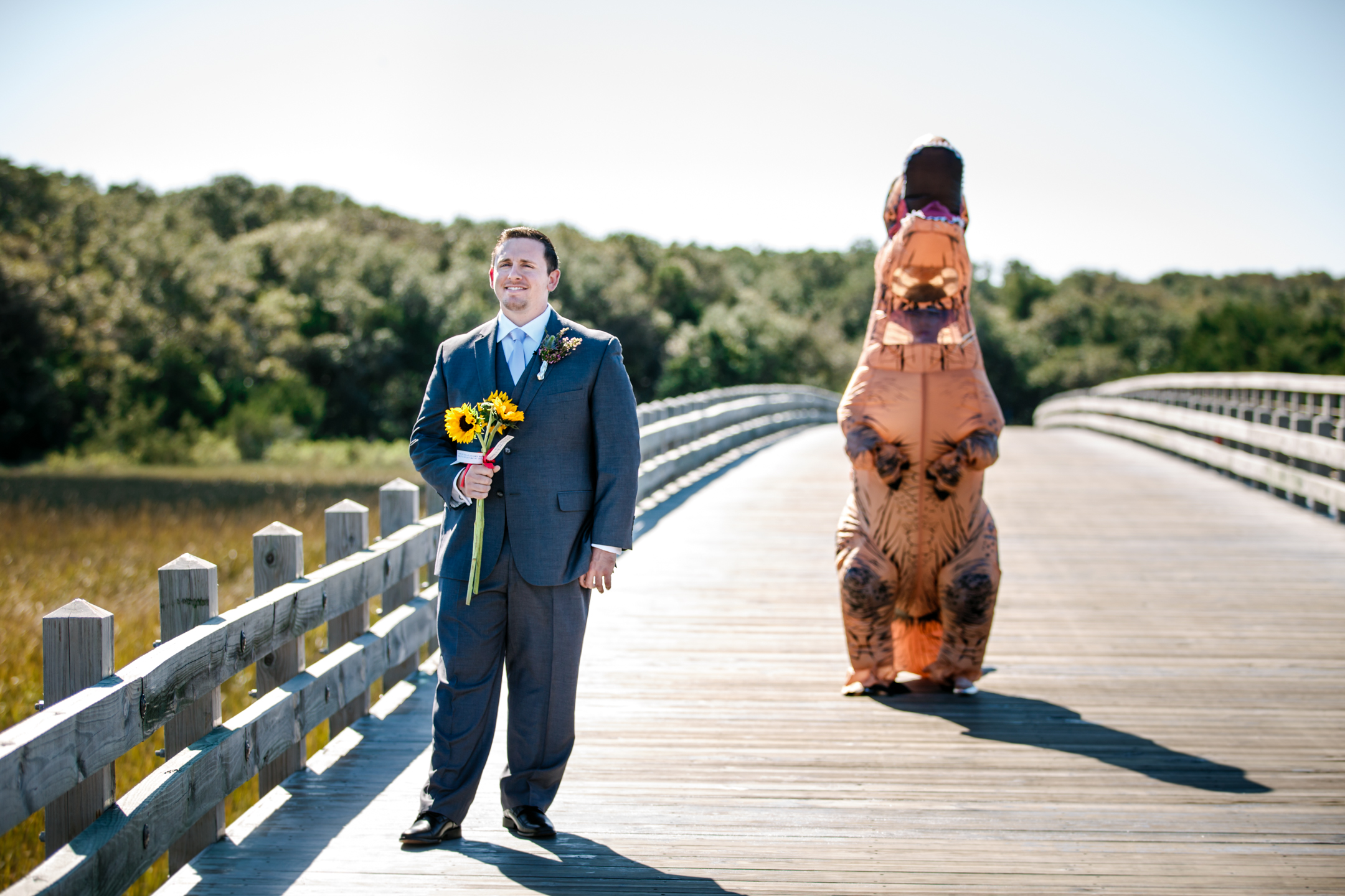 PHOTO: Bride surprises groom in T-Rex costume at the first look before their Nov. 5, 2016 wedding.
