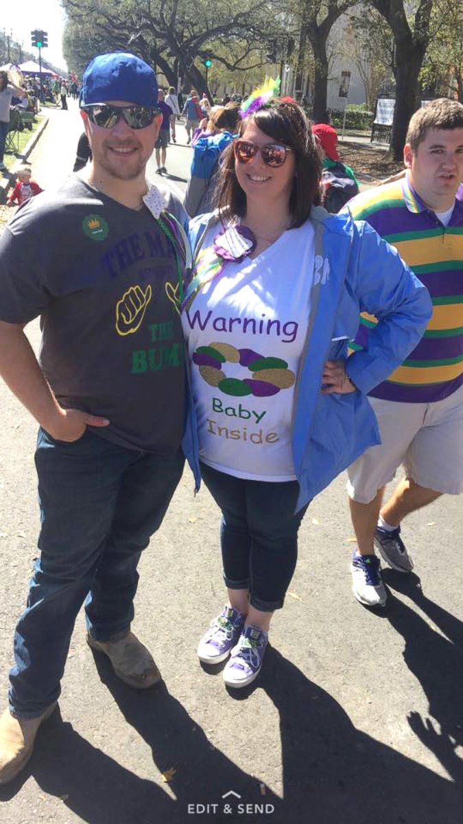 PHOTO: Katelyn Serio and Bobby Harvey of Lacombe, Louisiana revealed the gender of their baby at the Krewe of Thoth parade on Feb. 26. 