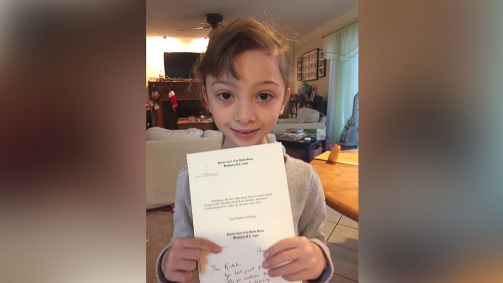 PHOTO: Michele Threefoot, 8, received a handwritten letter from Supreme Court Justice Ruth Bader Ginsburg after dressing as Ginsburg for superhero day at her elementary school.